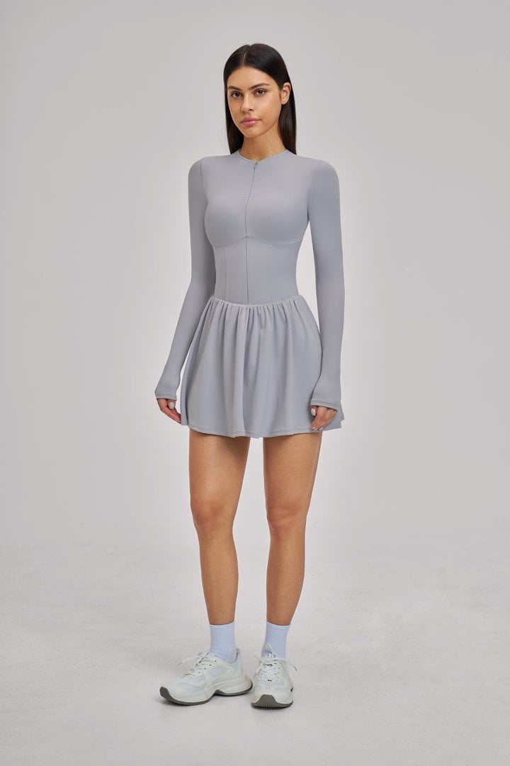 PISONIC Women Tennis Dress Long Sleeve Athletic Outfit with Built in Shorts Mini Golf Workout Dress with Pockets