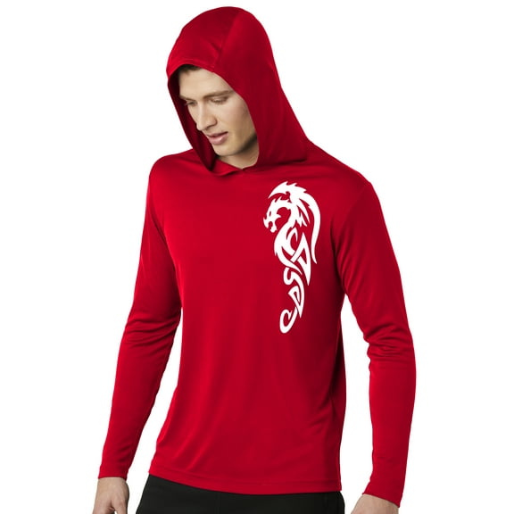 Men's White Tribal Dragon Moisture-Wicking Hoodie Tee - True Red, Extra Small