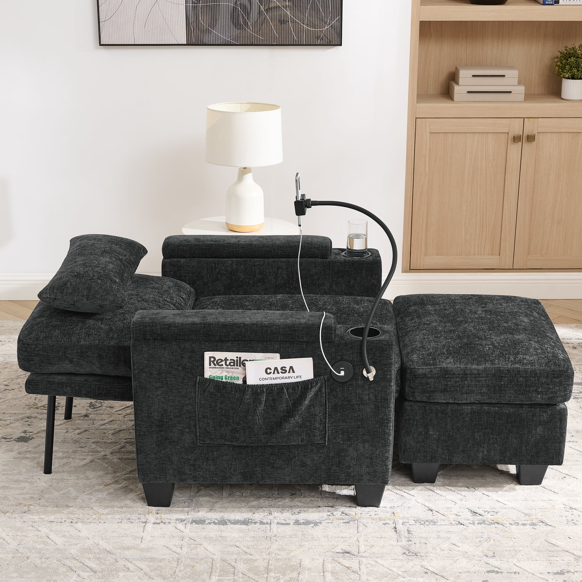 Recliner Chair with Adjustable Backrest, Cup Holders, USB Charging Port, Phone Stand, Arm Storage and Storage Ottoman