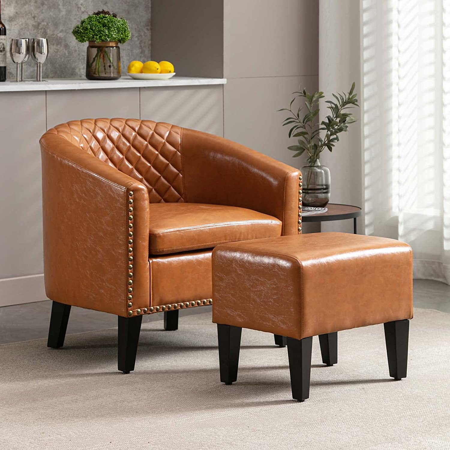 UPYOOE Modern Accent Chair with Ottoman Set,Faux Leather Chairs with Arms and Rivets,Mid Century ...