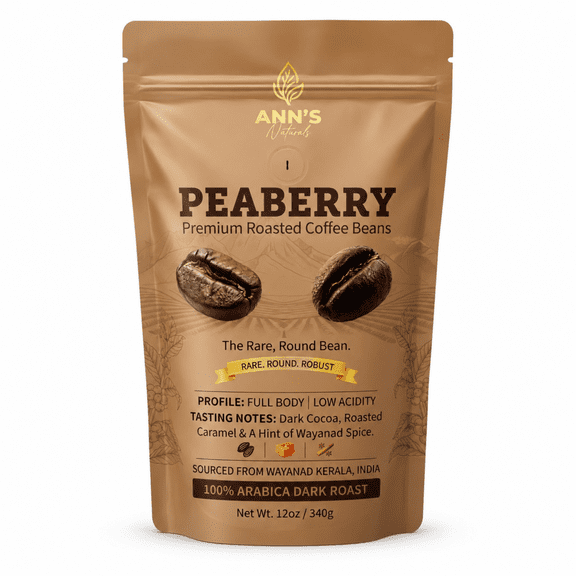 Ann's Naturals Wayanad Peaberry Whole Bean Coffee, Dark Roast, Single Origin Arabica Coffee, 12 Oz