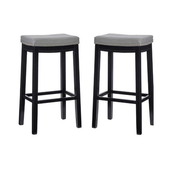 Home Square 2 Piece PU Upholstery Wood Bar Stool Set in Gray