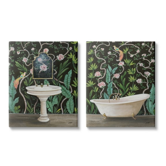 Stupell Industries Tropical Patterned Bathroom Botanical & Floral Painting Gallery Wrapped Canvas Print Wall Art, 16 x 20, Set of 2