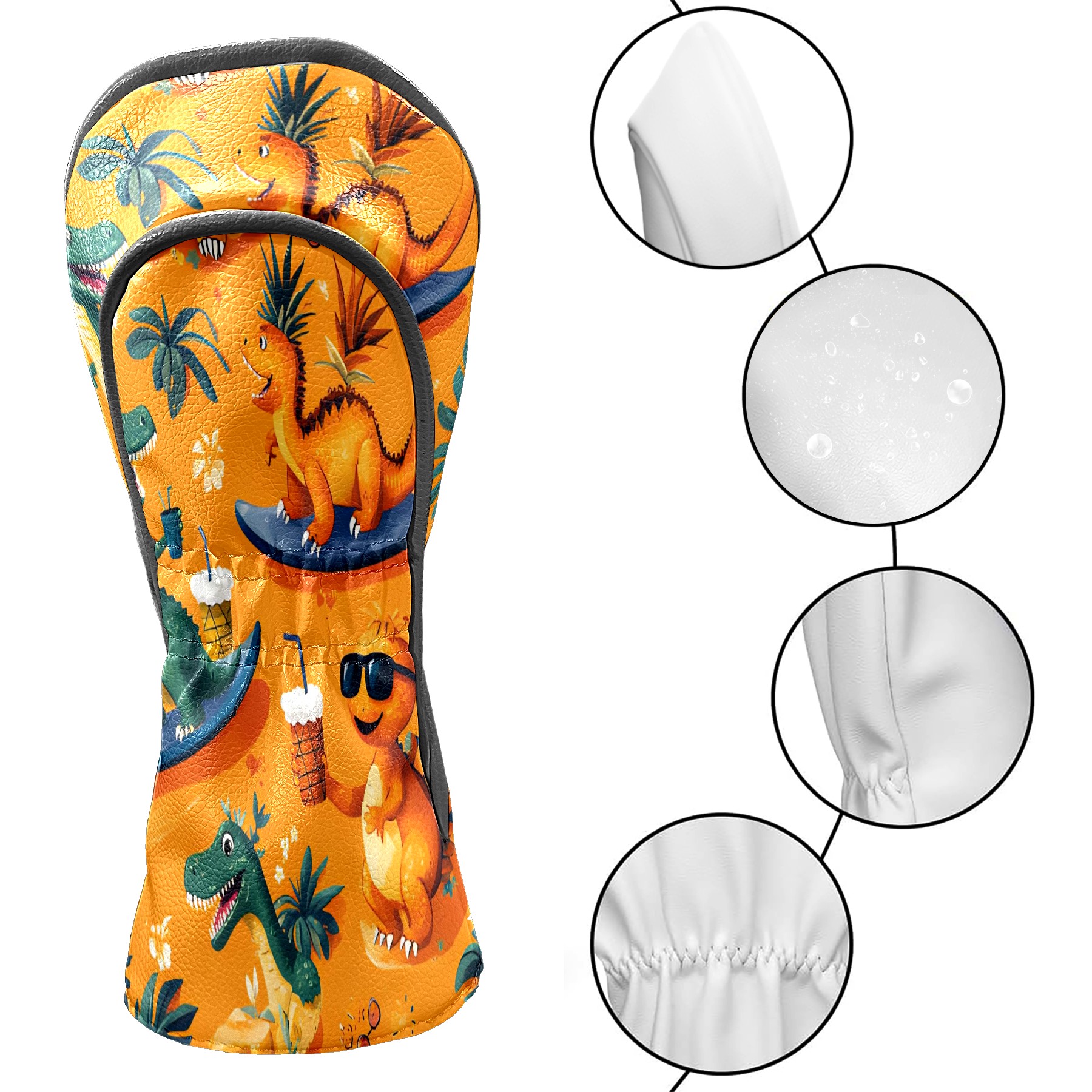 Golf Club Covers, Orange Dino Adventure Premium PU Leather Driver Hybrid Putter Head Covers with Velvet Lining, Waterproof Golf Gifts for Men Women