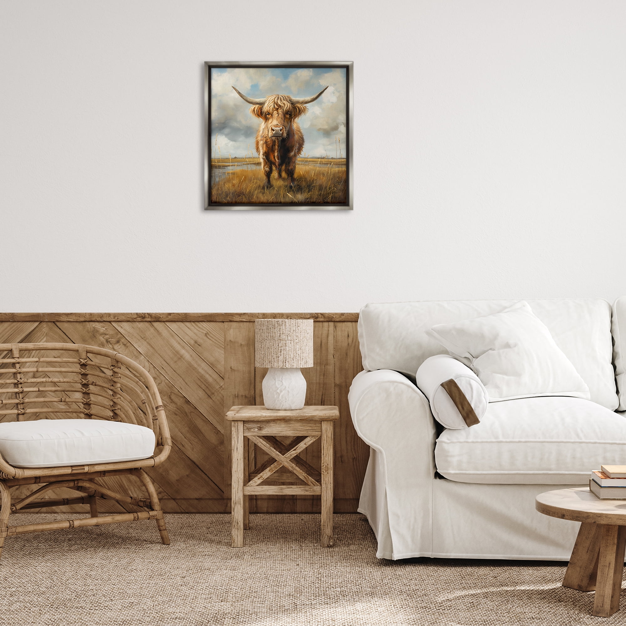 Stupell Industries Cattle on Scenic Farm Animals Painting Gray Floater Framed Canvas Art Print Wall Art, 25 x 25