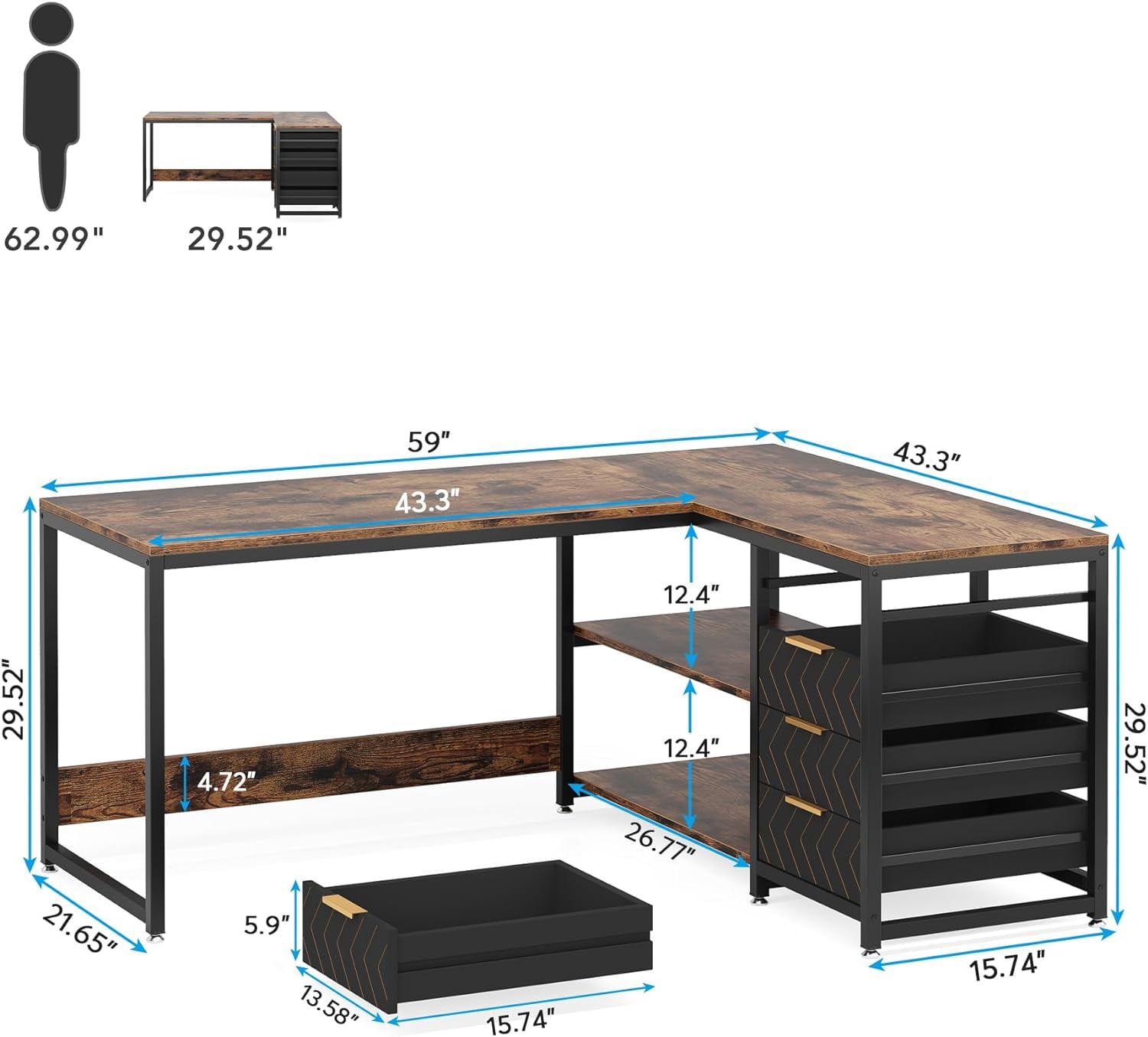Tribesigns L Shaped Computer Desk, 59" Modern Reversible Office Corner Desk for Home Office, Brown