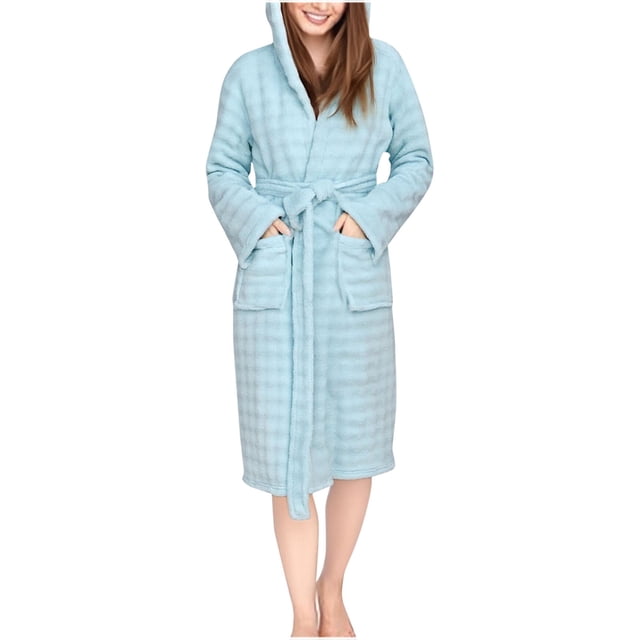FRSASU Womens Robe, Coral Fleece Bathrobe with Hood, Hooded Robes for Women Plus Size Absorbent Strap Bath Robe Green Free Size(Free Size)