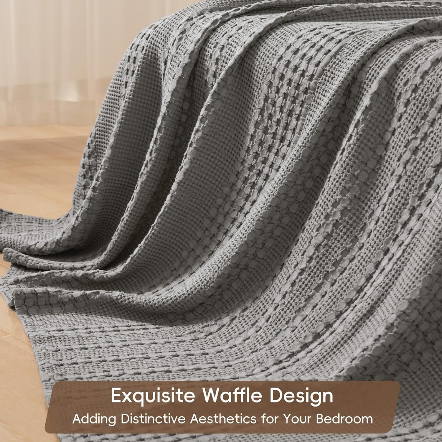 PHF 100% Cotton Waffle Weave Blanket, Lightweight Throw Washed Blanket for Bed Sofa Home Decor, Dark Grey, 50"x60"