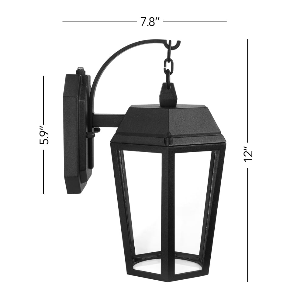 Maxxima LED Porch Lantern Outdoor Wall Light, Black w/ Clear Glass, Dusk to Dawn Sensor, 570 Lumens, 3000K Warm White
