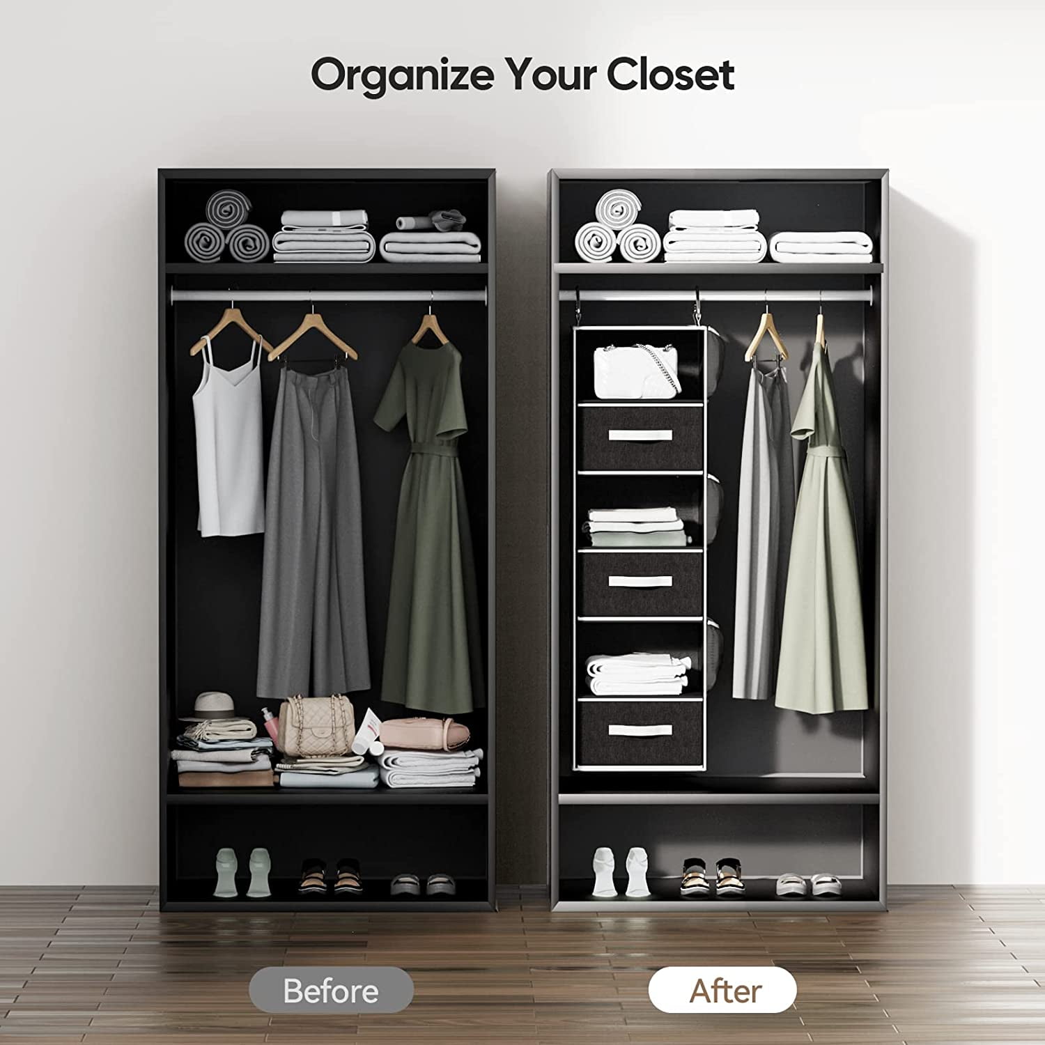 6-Shelf Hanging Closet Organizer Closet Organizers Storage w/3 Drawers &  Pockets
