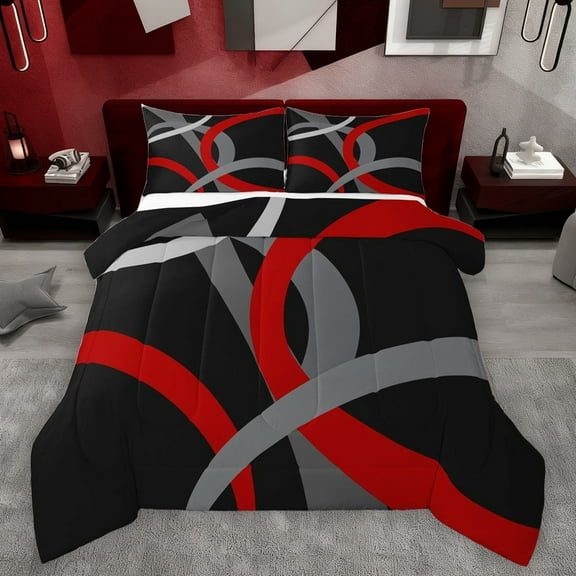 Homewish Modern Geometric Stripe Bedding Comforter Set.Abstract Waves Lines Twin Comforter Sets,Black Red Gray Bedding Set For Boys Kids,Microfiber Bedroom Decor Reversible,2-Piece