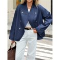 thumbnail image 4 of Women Cropped Trench Coat Oversized Double Breasted Lapel Long Sleeve Short Jacket Fashion Outerwear Navy Blue M, 4 of 7