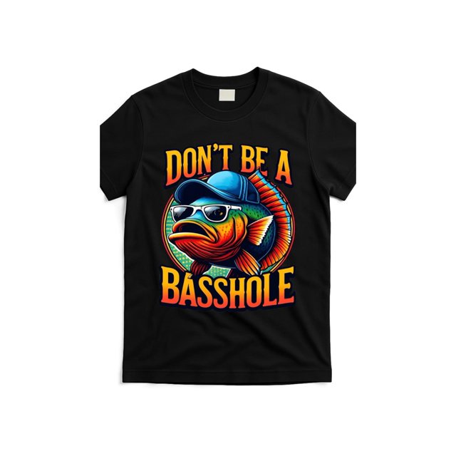 Camiseta gráfica divertida "Don't Be A Basshole" para hombre, de algodón negro, de manga corta con un elegante diseño de pesca, cómoda y de cuello redondo, para uso informal.