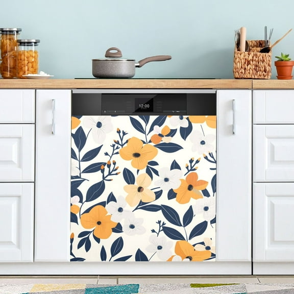 Hand Drawn Floral Flower Dishwasher Magnet Cover Magnetic Fridge Door Cover Home Kitchen Decor 23"x 26"