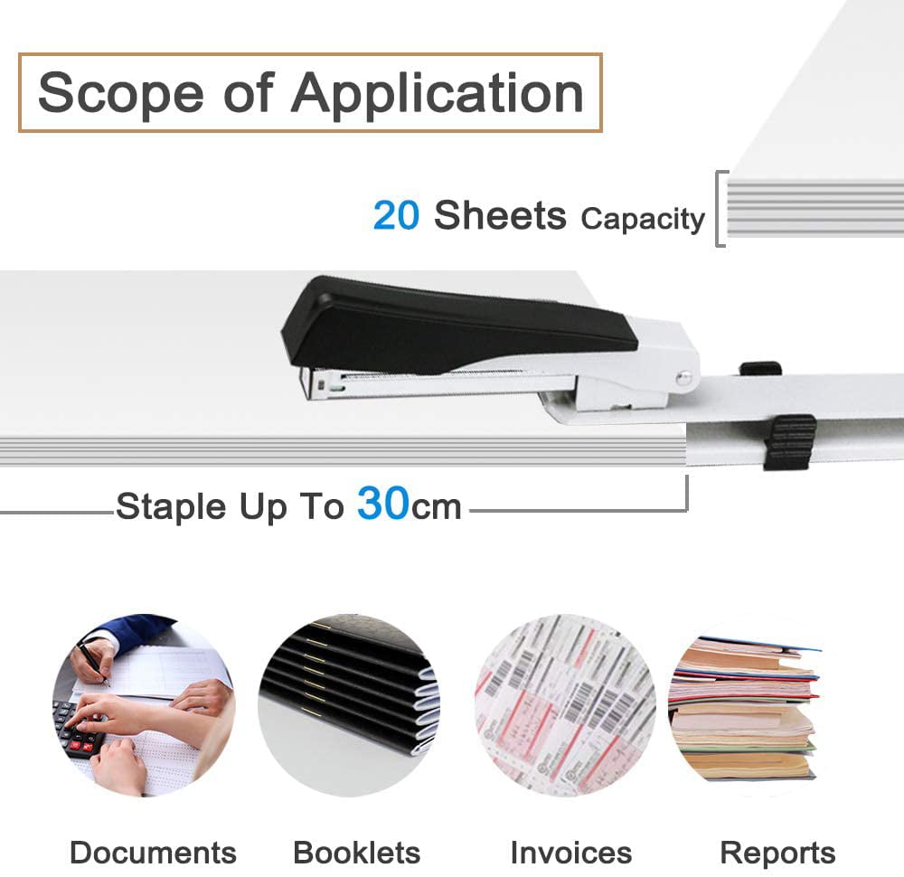 INHEMI Long Arm Stapler,Long Reach Stapler with 300 mm Reach,20 Sheets Capacity,Adjustable Locking Paper Guide with Standard 1000 Pcs Staples Black