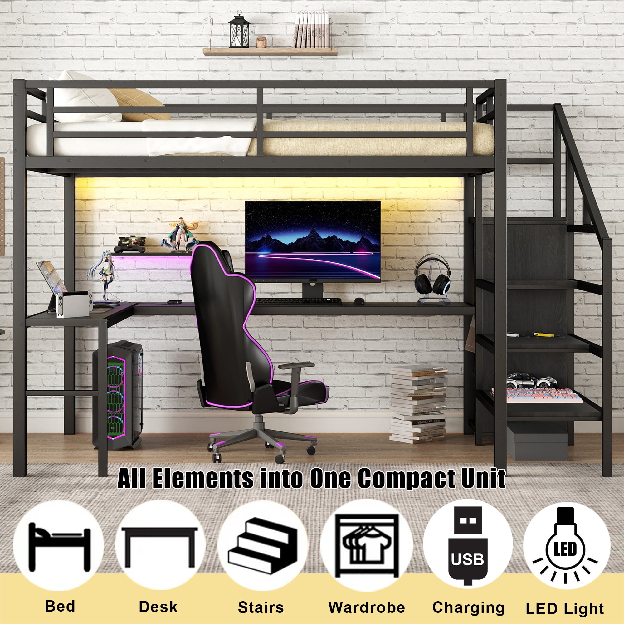 Full Size Loft Bed with Desk and Stairs, Metal Loft Bed Frame with Wardrobe and USB Charging Station