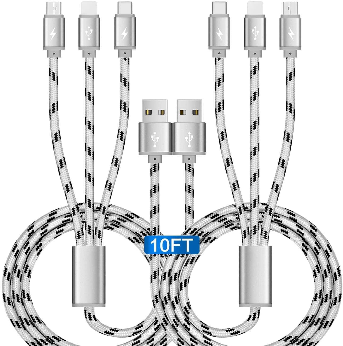 MHAWBL-10Ft Multi Charging Cable 3A, 2Pack Braided Fast Charging 3-in-1 Multiple Charger Cable with IP/Micro USB/Type C Adapter Port for Cell Phones/iPhone 17 16 15 14 13/ Samsung/Pixel/Tablet and Mo