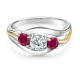 thumbnail image 2 of Gem Stone King 925 Sterling Silver and 10K Yellow Gold Round White Moissanite and Red Created Ruby 3 Stone Ring for Women (1.00 Cttw, Size 7), 2 of 3