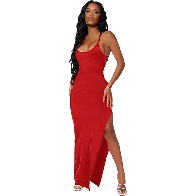 Vestido largo para mujer con abertura lateral en los muslos y espalda descubierta, sin mangas, con lazo en la espalda, con abertura cruzada Rojo G Rojo G Xishao ropa