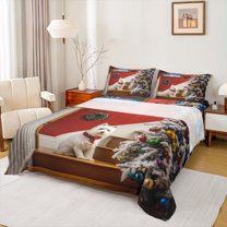 jejeloiu Christmas Tree Queen Sheet Sets,Cute Pet Dog Flat Sheet,Colorful Xmas Ball Queen Fitted Sheet For Teens,Microfiber Bedroom Decor,4-Piece