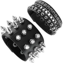 Spike Rivets Cuff Bangle - Goth Black Leather Bracelet with Metal Studded - 80s Punk Rock Accessories for Men Women (2 PCS Spike Bracelet)