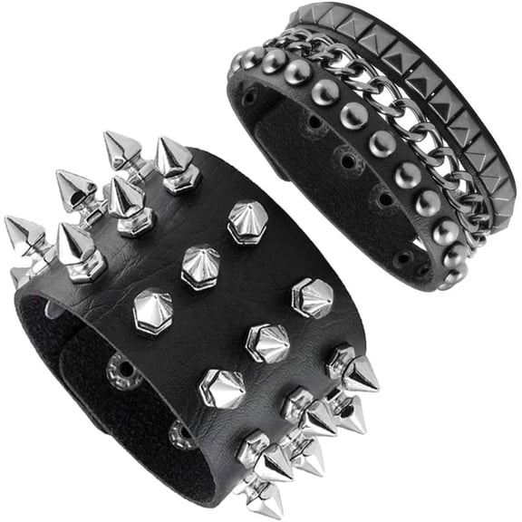 Spike Rivets Cuff Bangle - Goth Black Leather Bracelet with Metal Studded - 80s Punk Rock Accessories for Men Women (2 PCS Spike Bracelet)