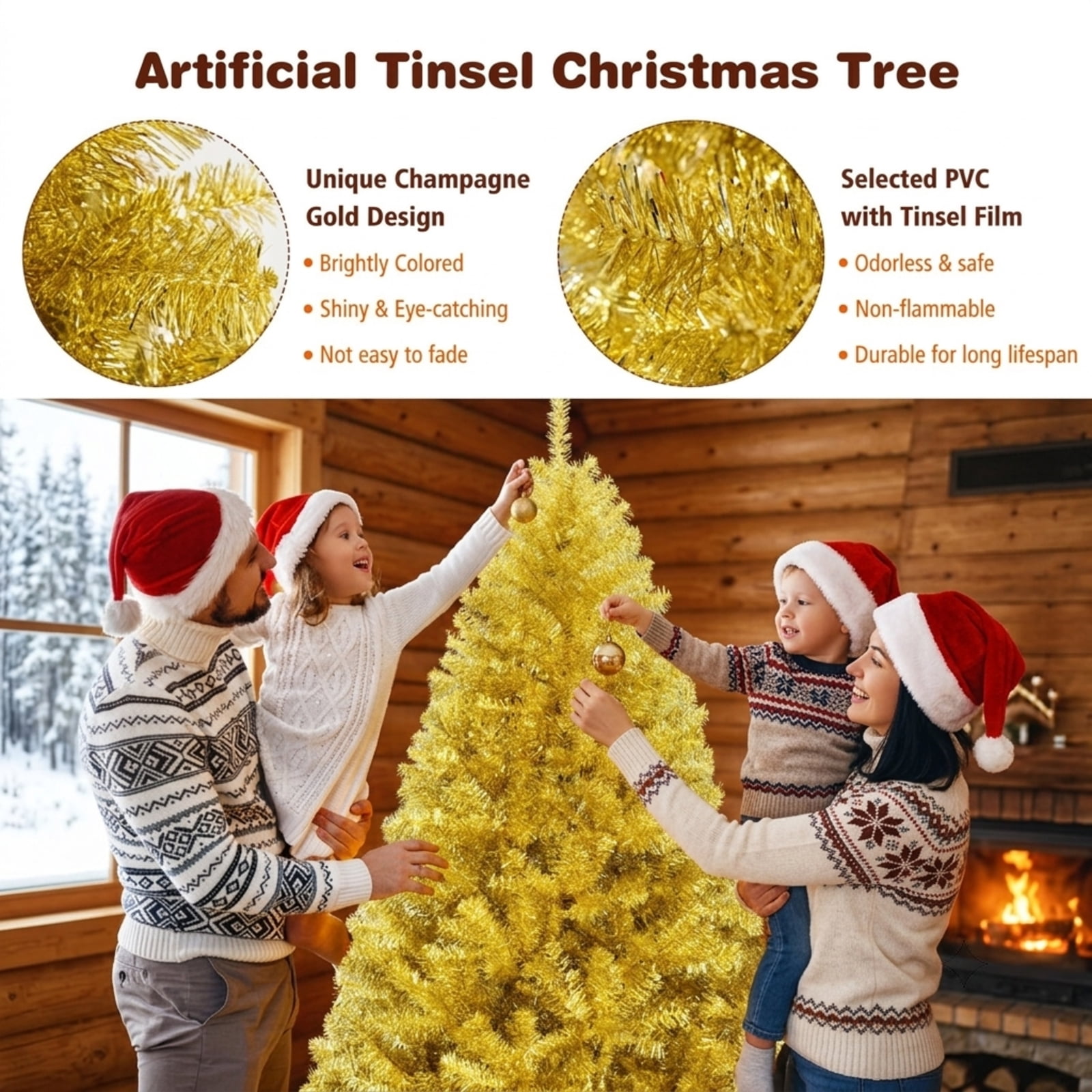 RUIE, 6 ft, Artificial Christmas Tree, with Metal Stand, 1036 Branch Tips, Champagne Gold Holiday Xmas Tree for Indoor Home Office Decoration