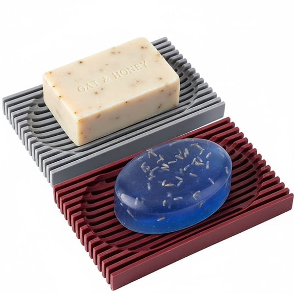 Shower Soap Dish, Silicone Soap Dish with Drain Self Draining Bar Soap Holder/Saver for Bathroom Shower and Kitchen, Flexible and Durable Soap Tray, Easy to Clean(2PCS) (Grey& Wine Red)
