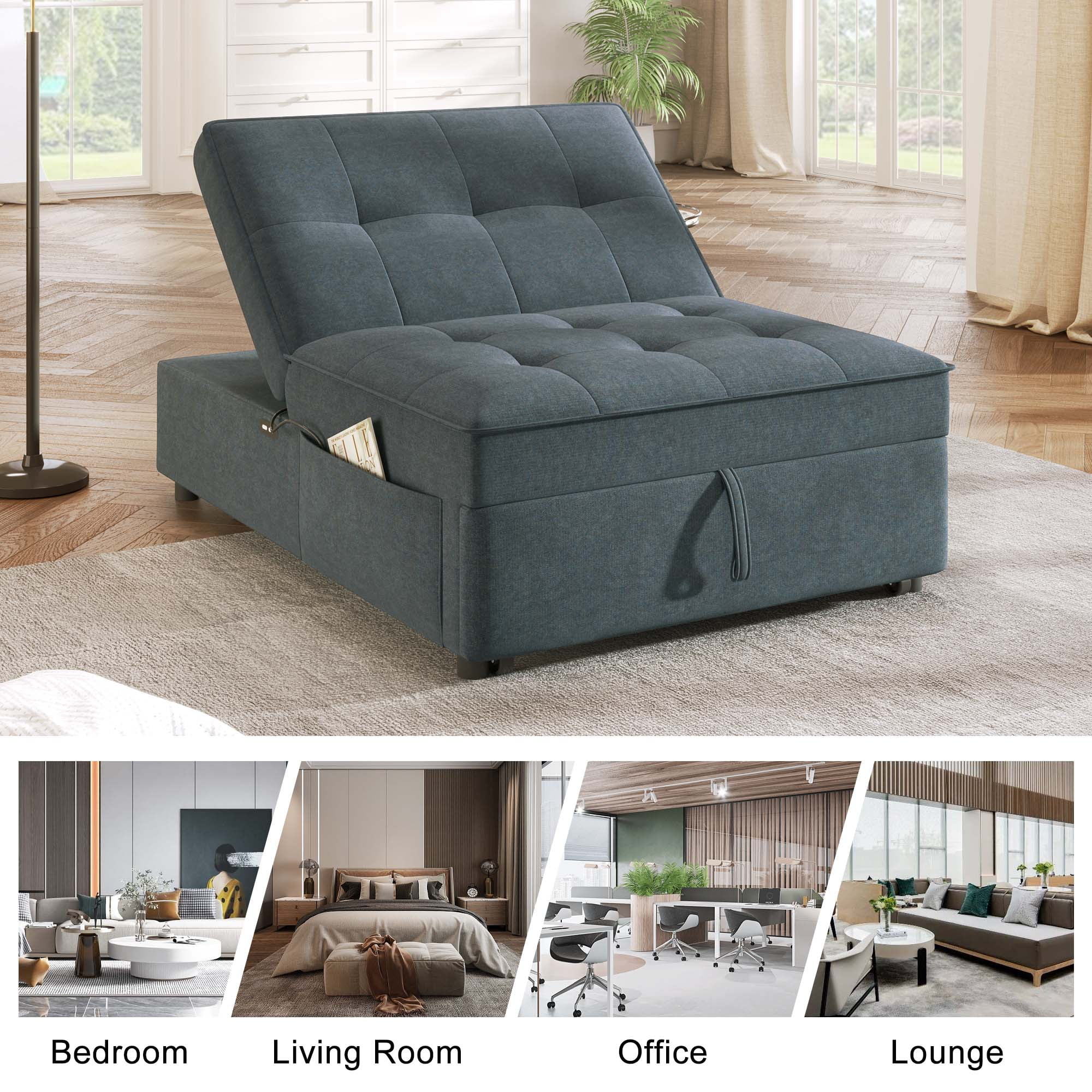 Aukfa Convertible Sleeper Sofa Chair Bed, 3-in-1 Pull Out Sleeper Chair with USB Port and Pocket for Living Room - Gray