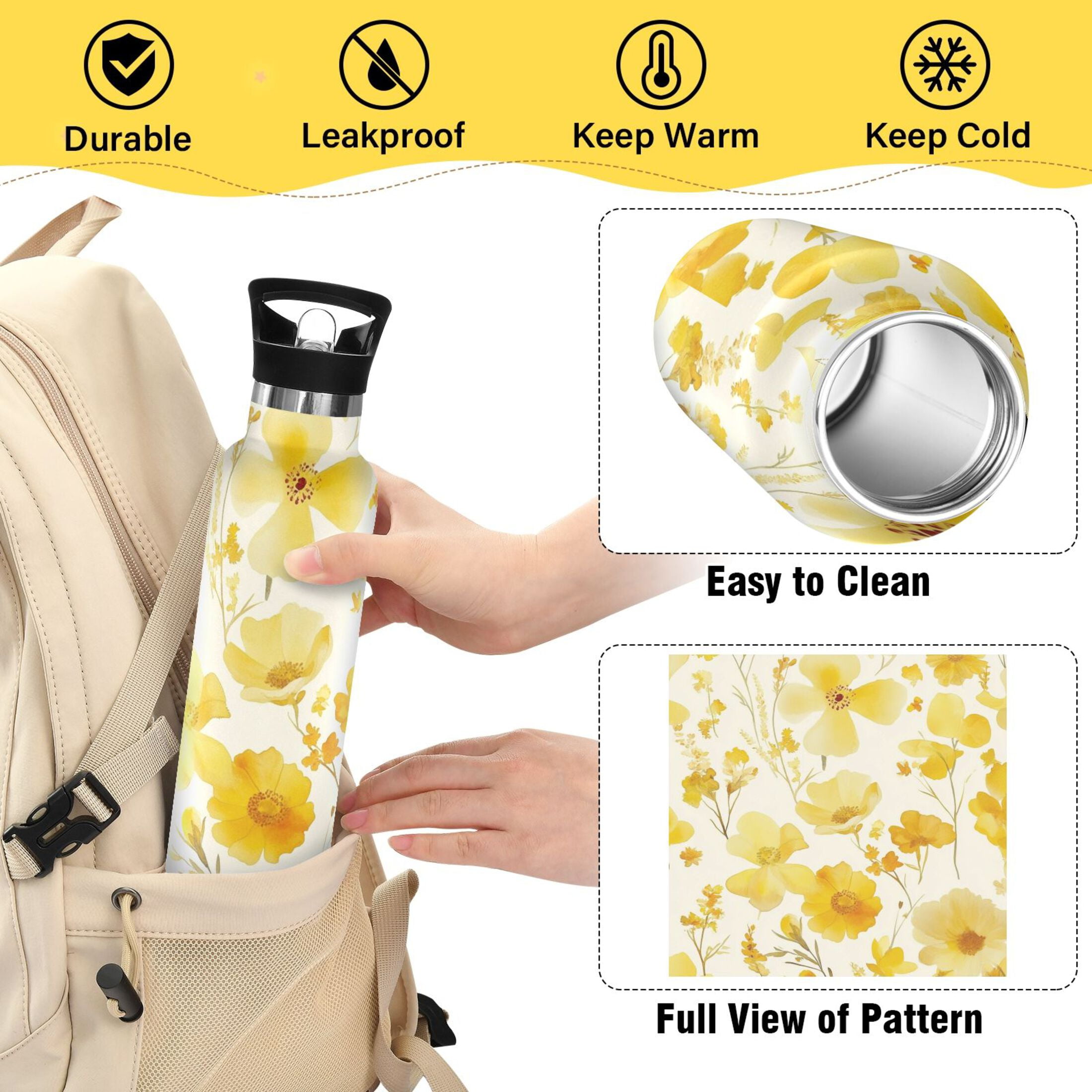 600ML Stainless Steel Insulated Cup Sports Water Bottle Portable Thermos Cup Water Glasses Insulated Tumblers Convenient and Durable Yellow Flowers Seamless