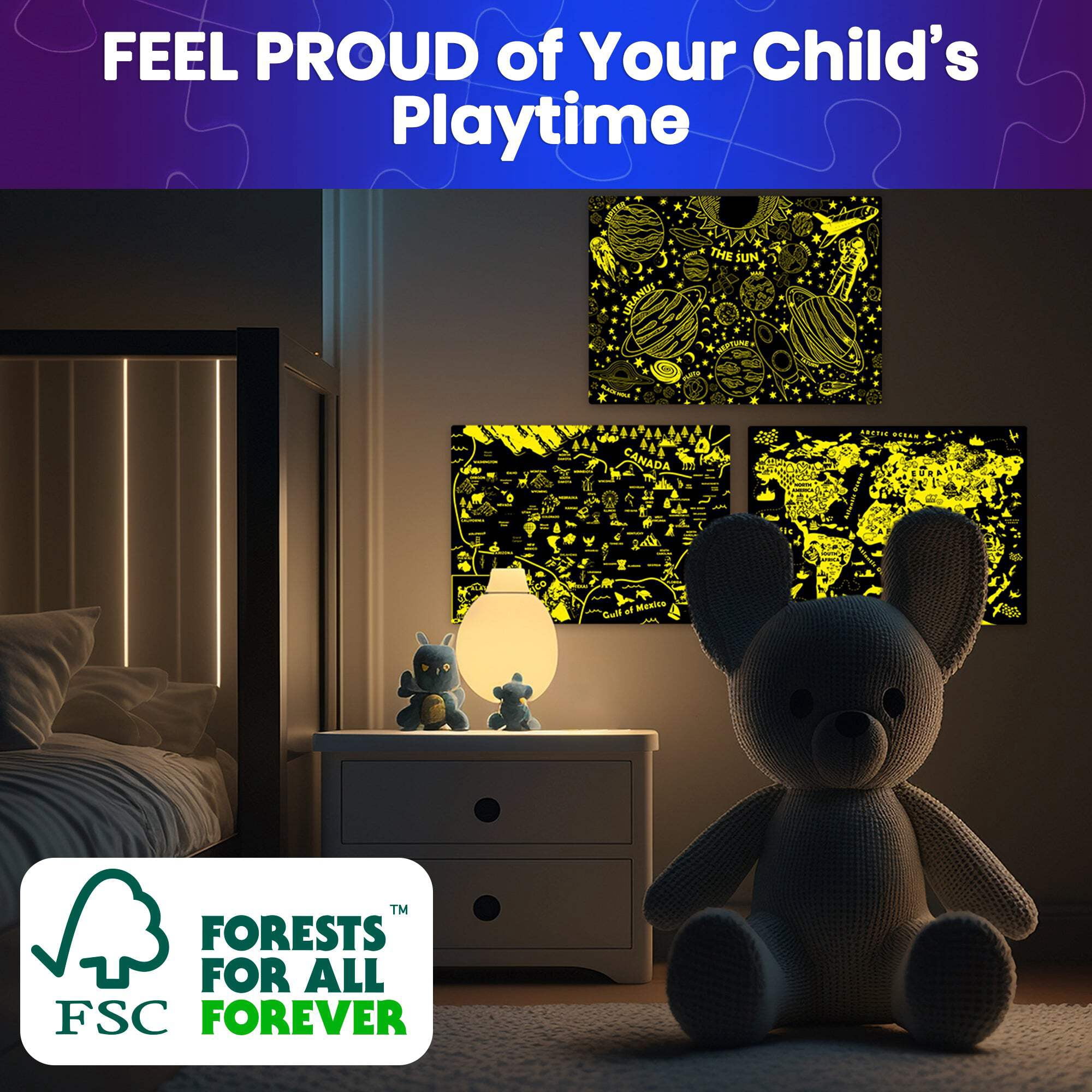 Quokka Puzzles for Kids Ages 4-6 - 100 Pieces Floor Puzzles for Kids - Glow-in-The-Dark USA World Map Puzzles