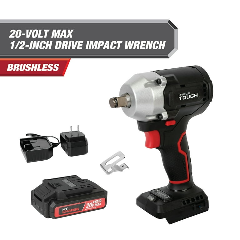 Hyper Tough 20V Max Compact Brushless 1 2 inch Impact Wrench with 2.0Ah Lithium Ion Battery and Charger 350 ft lbs Torque New Walmart