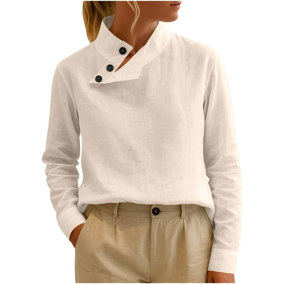 Enjoytime Womens Tops Trendy Solid Color Stand Up Collar Long Sleeve Button Down Blouse Business Casual Fashion Plus Size Shirts White XXL
