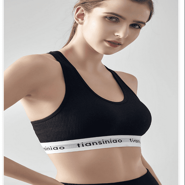 Sports Bra for Women, Criss-Cross Back Padded Strappy Sports Bras Medium  Support Yoga Bra with Removable Cups， Letter Dark Grey M