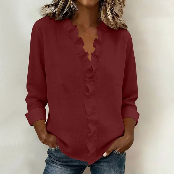 Craaazy Women's Relaxed Fit V Neck Blouse, Solid Color Long Sleeve Ruffle Accent Top, Loose Comfy Cotton Linen Tee for Work & Daily Wear Gifts