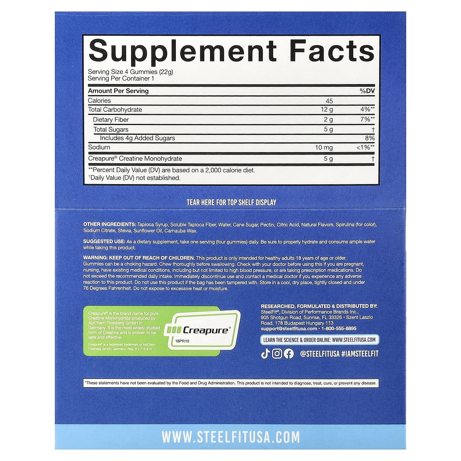 SteelFit Creatine On-The-Go™, Creatine Monohydrate Gummies, Blue Raspberry, 12 Packs, 0.8 oz (22 g) Each