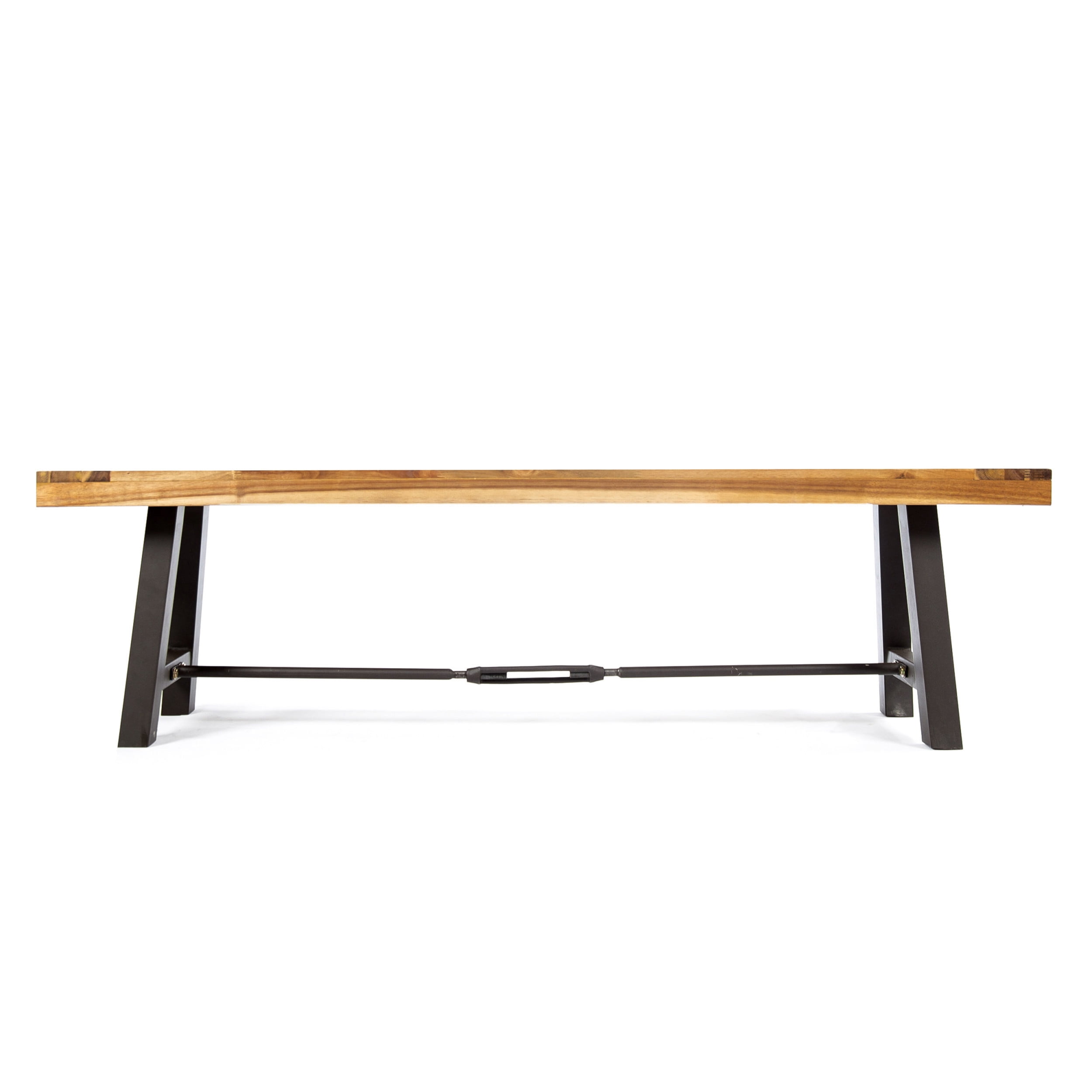 Jace Acacia Wood Outdoor Dining Benches, Set of 2, Teak and Rustic Metal