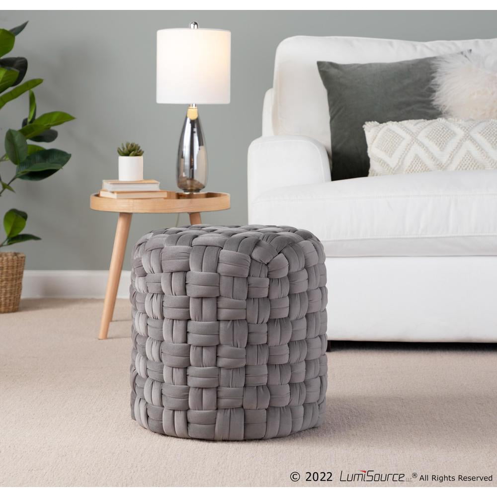LumiSource Dark Grey Velvet Braided Round 16" Ottoman