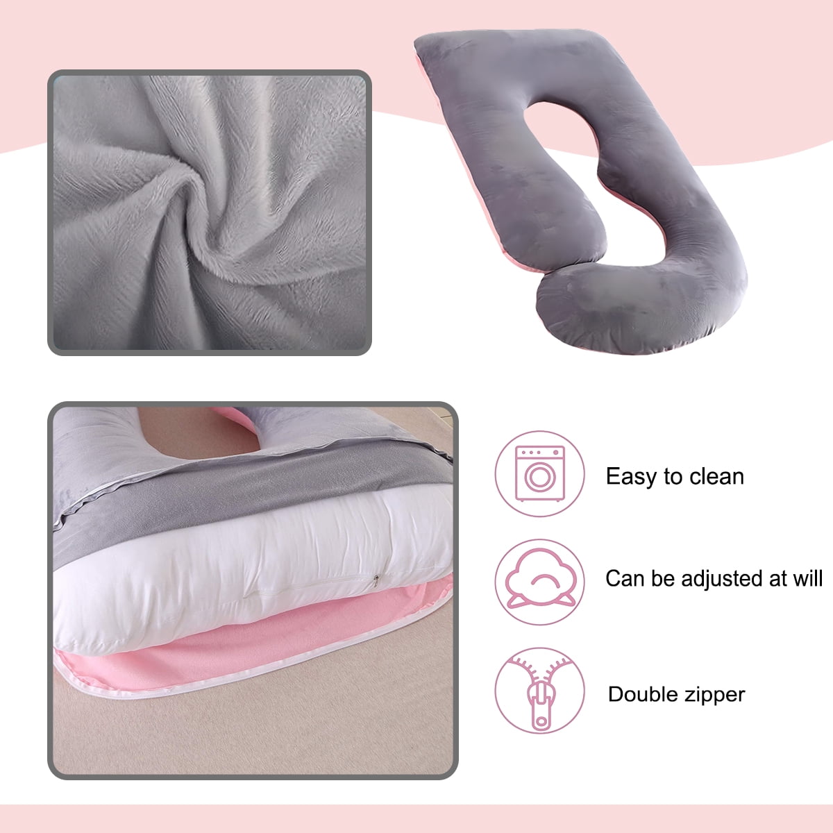 Supportive J Shape Alcohol-Free Polyester Maternity Pillow for Multi-Position Sleeper, Pink