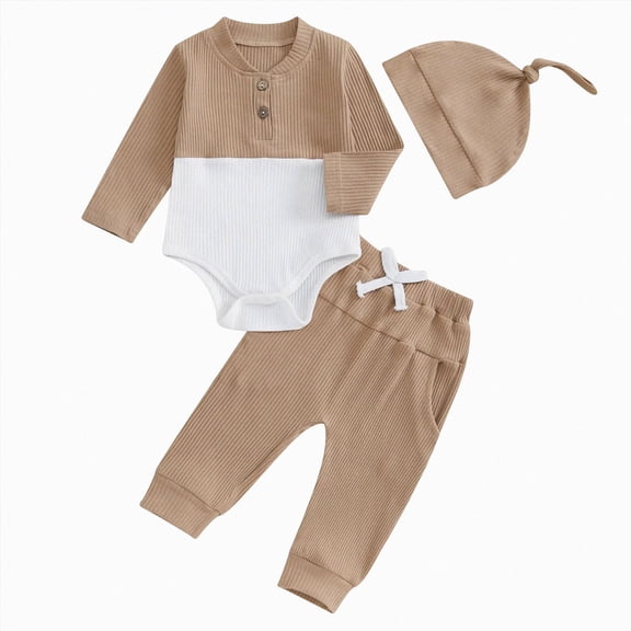 CAUYDY Infant Clothes Boy Newborn Boys Photoshoot Outfits Fall Winter 3PCS Romper Pants Warm Hat Set for Baby 0 3 6 9 12 18 Months (Sizes 3-6 Months,Coffee)
