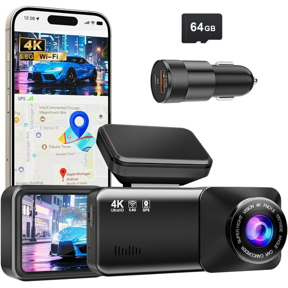 Dash Cam 4K Ultra HD, Front Dash Camera for Cars Built-in GPS, 5.8GHz WiFi, APP Control, 3.2" IPS Screen, Night Vision, Wide Angle, WDR, 24H Parking Mode,Included 64GB Card and 48W 2- Port Car Charge