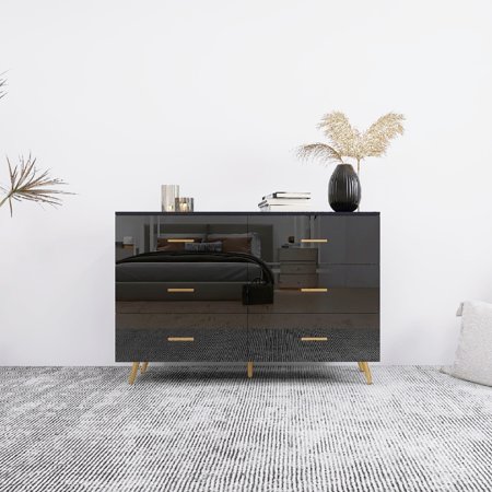 DIANJIE Black High Gloss 6-Drawer Dresser Chest with Gold Metal Handles & Golden Steel Legs Modern Engineered Wood Storage Cabinet for Bedroom