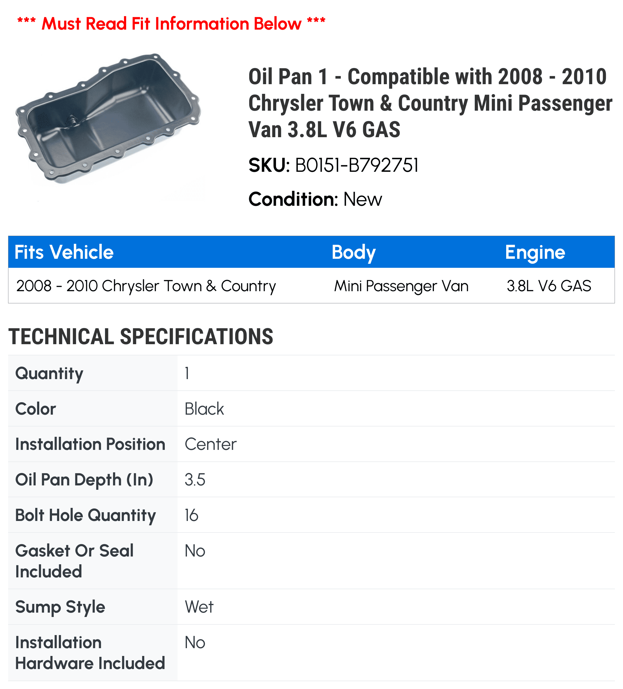 Oil Pan 1 - Compatible with 2008 - 2010 Chrysler Town & Country Mini Passenger Van 3.8L V6 GAS - Autopart Premium