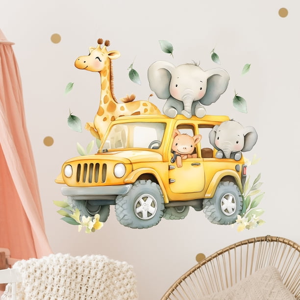 Adhesivos de pared con dibujos animados de animales de la selva, jirafa, elefante y mono