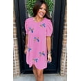 thumbnail image 5 of Trendy Women's Bright Pink Graphic Tee Dress - Sequin Bow Detail and Short Puff Sleeves | [ZhiHiMeRi] | (US 8-10)M, 5 of 9