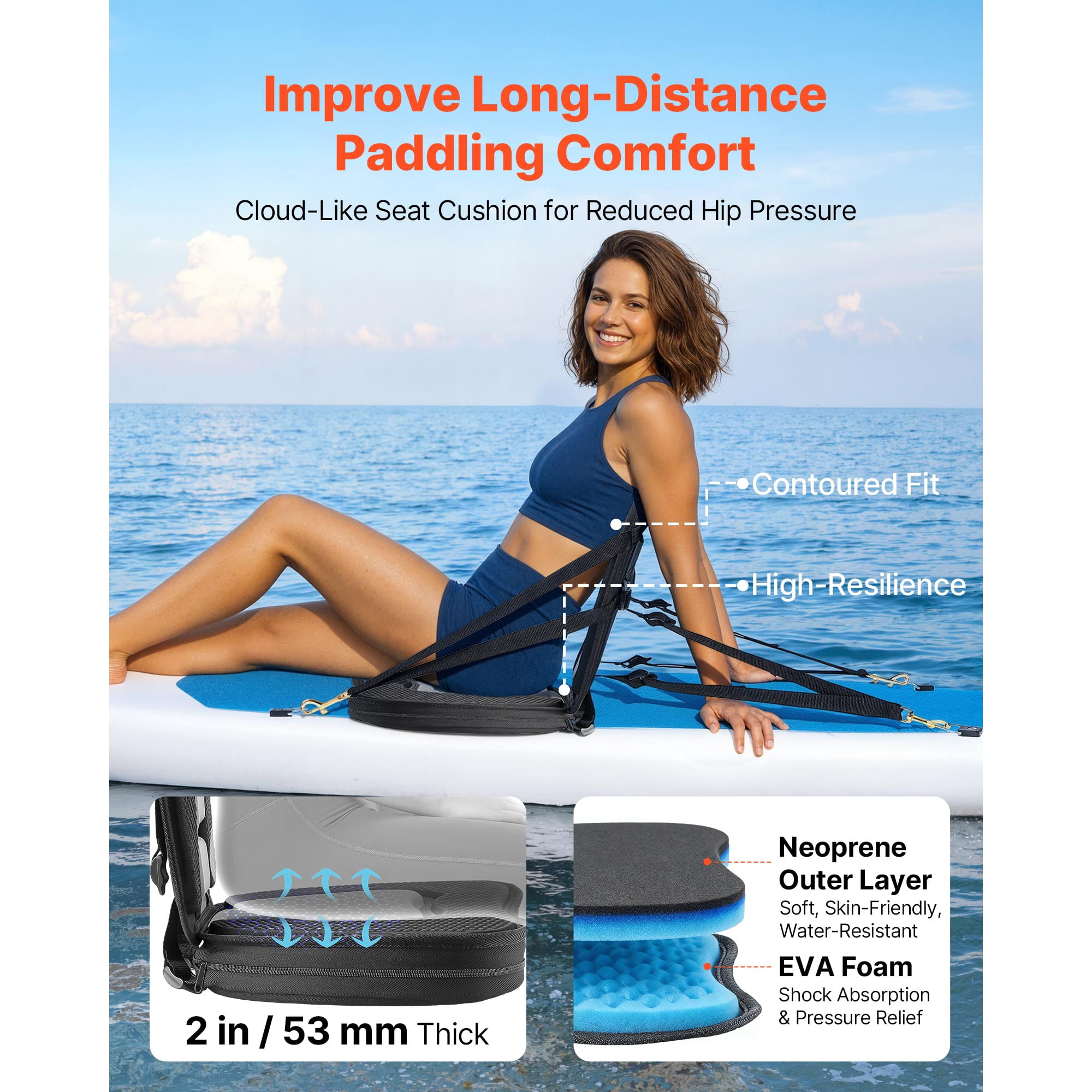 KFFKFF Universal Kayak Seat, 2 Pack 2" Thick, Soft Padded Seat with Back Support, Adjustable Straps, and Storage Bag for Paddle Boards, Canoes, Fishing Boats, Inflatable Kayaks