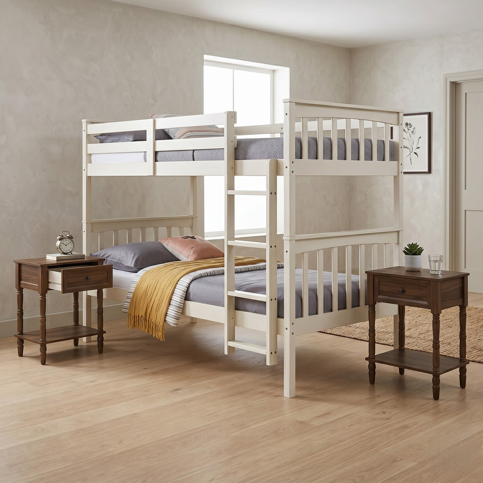 Home Design Ames Twin Over Twin Solid Wood Bunk Bed with 2 Ruston Nightstand – 3-Piece Space-Saving Bedroom Set, Antique White/ Brown