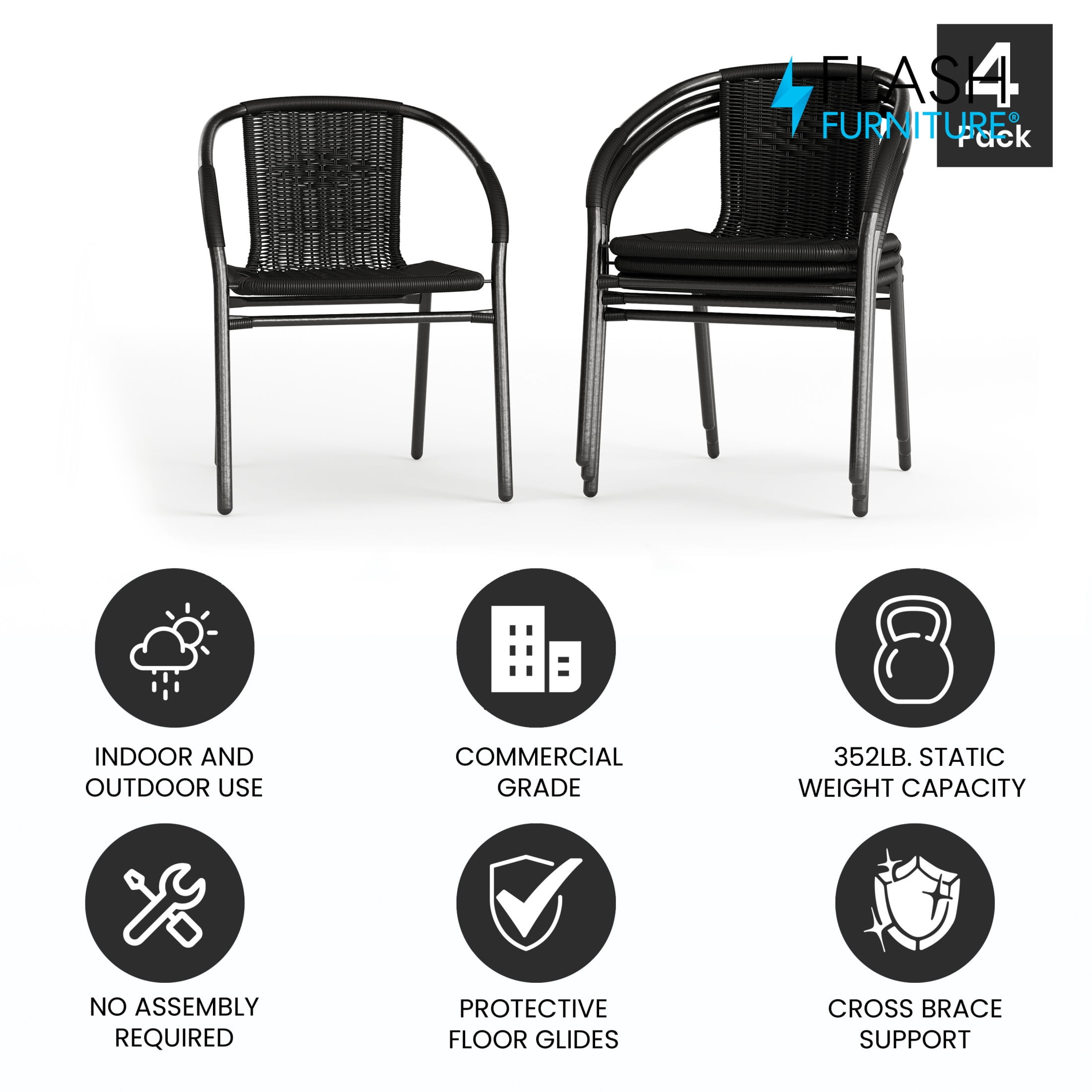 Flash Furniture Lila Indoor/Outdoor Stacking Rattan Patio Chairs, Set of 4, Black