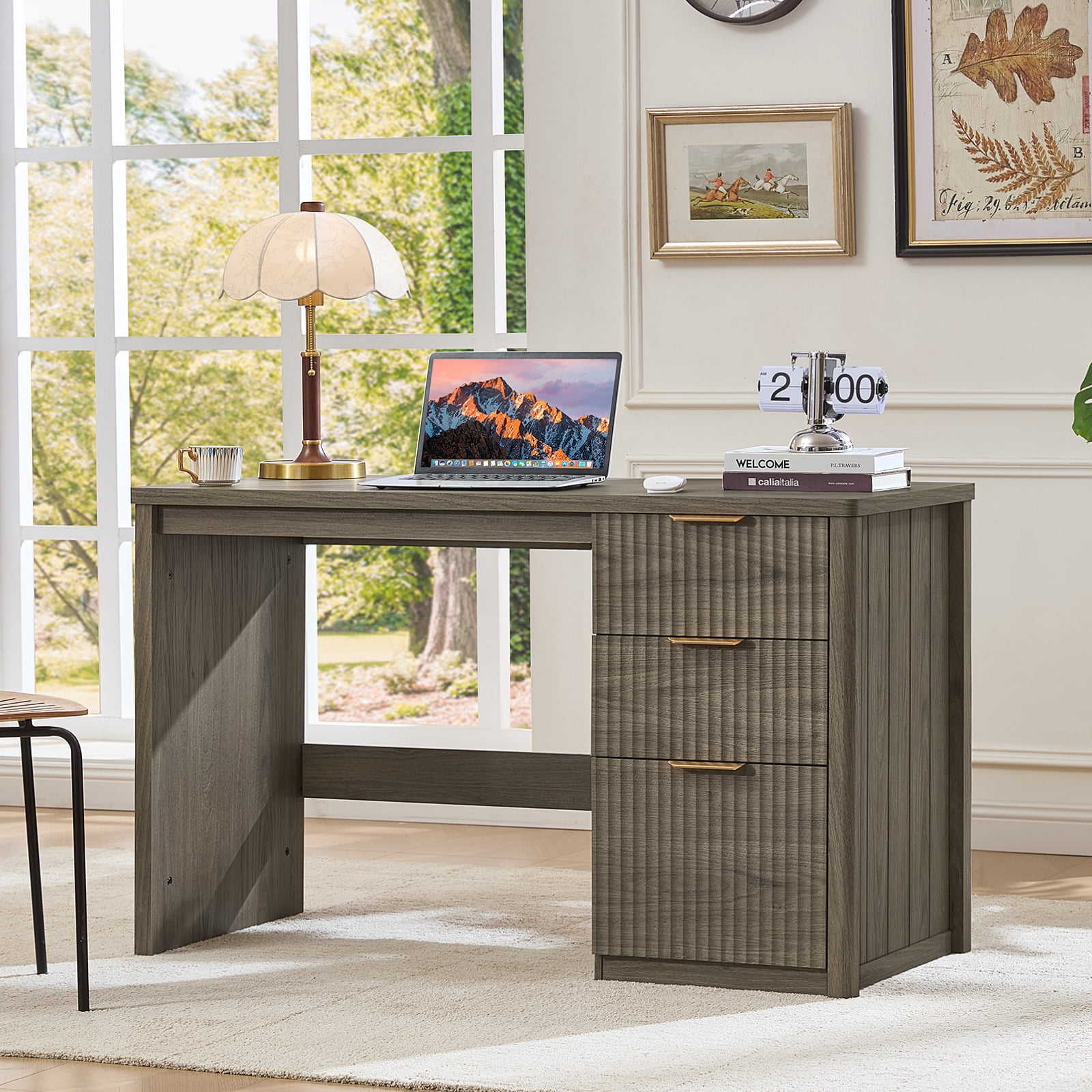 Leyaoyao 48" Fluted Computer Desk with 3 Drawers & Metal Handles, Modern Executive Desk, Writing Desk for Home Office Bedroom, Grey Oak
