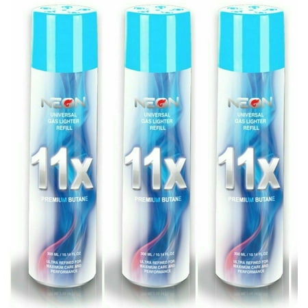3 Cans Neon 11X Butane Refill Fuel Fluid Lighter Ultra Refined 11 Times 10.14 Oz Blue